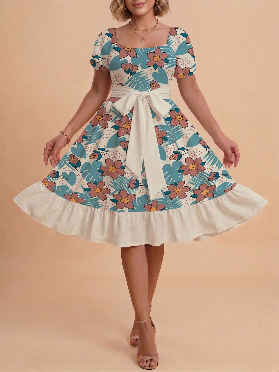 Damen Retro Maxikleid mit Puffärmeln und Taillengürtel R&B