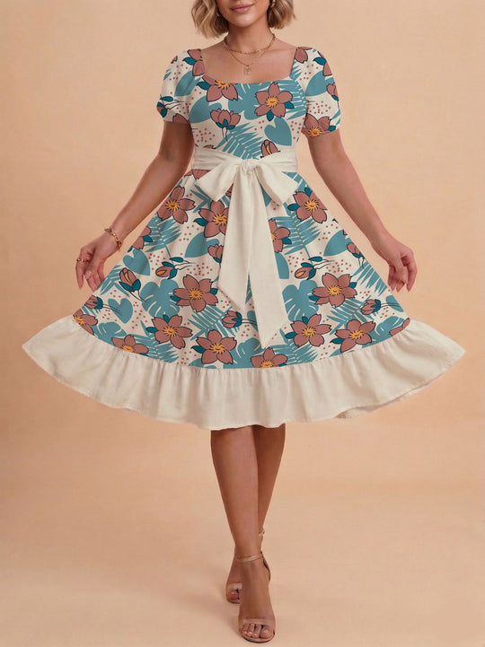 Damen Retro Maxikleid mit Puffärmeln und Taillengürtel R&B