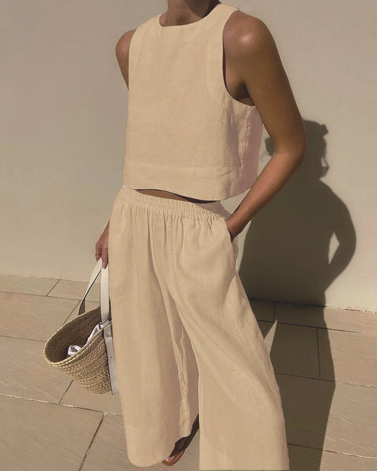 Damen luftiges Leinenoberteil mit weiter Hose R&B