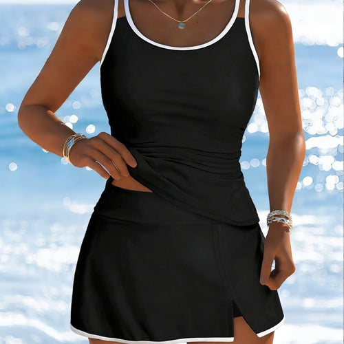 Damen Sportliches Tankini-Set mit elegantem Rock und verstellbaren Trägern R&B