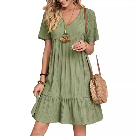 Damen V-Ausschnitt Sommerkleid mit voluminösem Saum Heidi-Mode