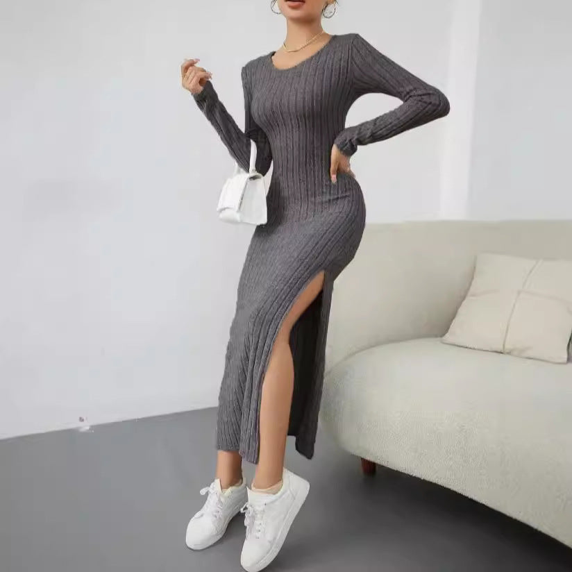 Damen Maxikleid mit seitlichem Schlitz und strukturiertem Rippdesign R&B