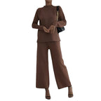 Damen elegantes und lässiges Strick-Loungewear-Set mit hohem Kragen und weiten Beinen R&B