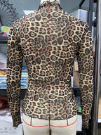 Damen langärmliges transparentes Oberteil mit Leopardenmuster und hohem Kragen R&B
