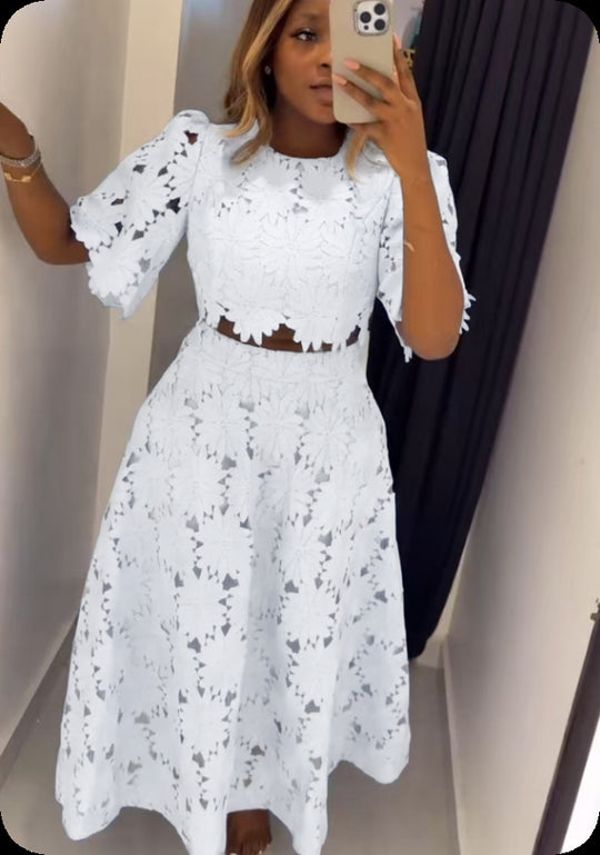 Damen nan zweiteiliges florales Spitzenkleid mit Midirock und kurzem Oberteil R&B