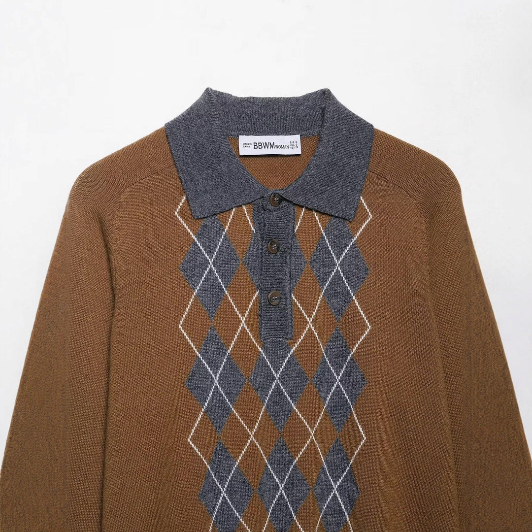 Damen Pullover mit klassischem Polokragen und modernem Rautenmuster R&B