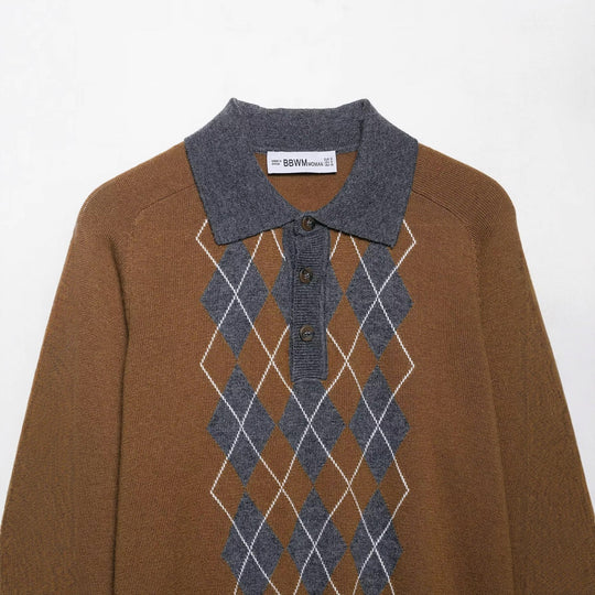 Damen Pullover mit klassischem Polokragen und modernem Rautenmuster R&B