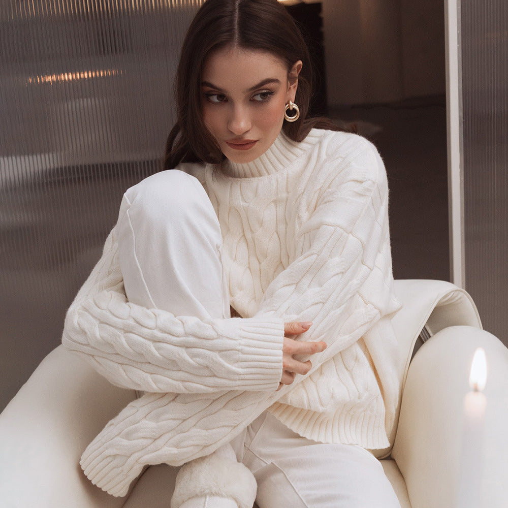 Damen Gemusterter Strickpullover mit hohem Kragen R&B