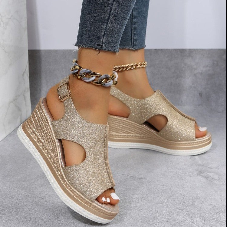 Damen Wedge-Sandalen mit glitzerndem Obermaterial und komfortablem Fußbett R&B