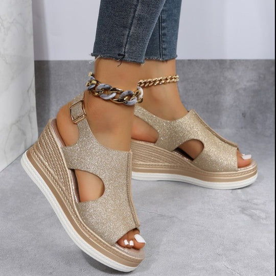 Damen Wedge-Sandalen mit glitzerndem Obermaterial und komfortablem Fußbett R&B