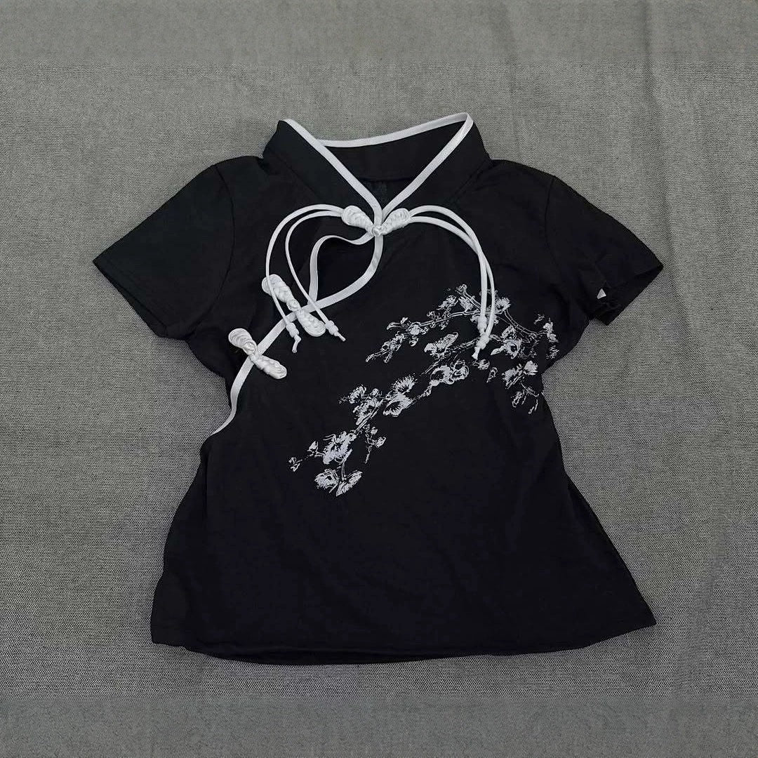 Damen Modernes Chinesisches Kurzarm-T-Shirt mit kreativem Knotendesign R&B