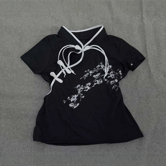 Damen Modernes Chinesisches Kurzarm-T-Shirt mit kreativem Knotendesign R&B