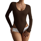 Damen Figurumspielender Langarm-Bodysuit mit tiefem Ausschnitt R&B