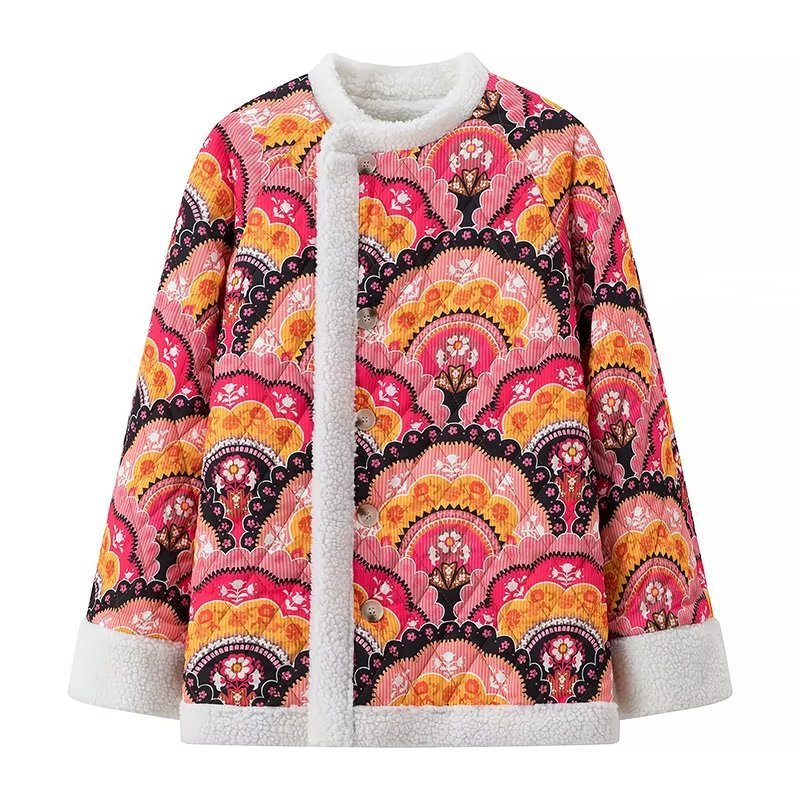 Damen modische Steppjacke mit farbenfrohem Muster und flauschigem Futter R&B