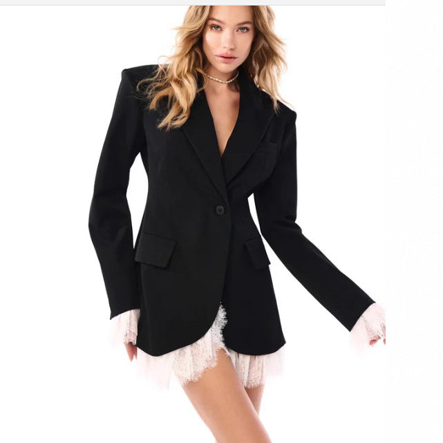 Damen nan längerer taillierter Blazer-Mantel mit Reverskragen und Pattentaschen R&B