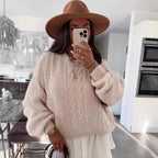 Damen Grobstrickpullover mit voluminösen Ärmeln und romantischem Zopfdesign R&B