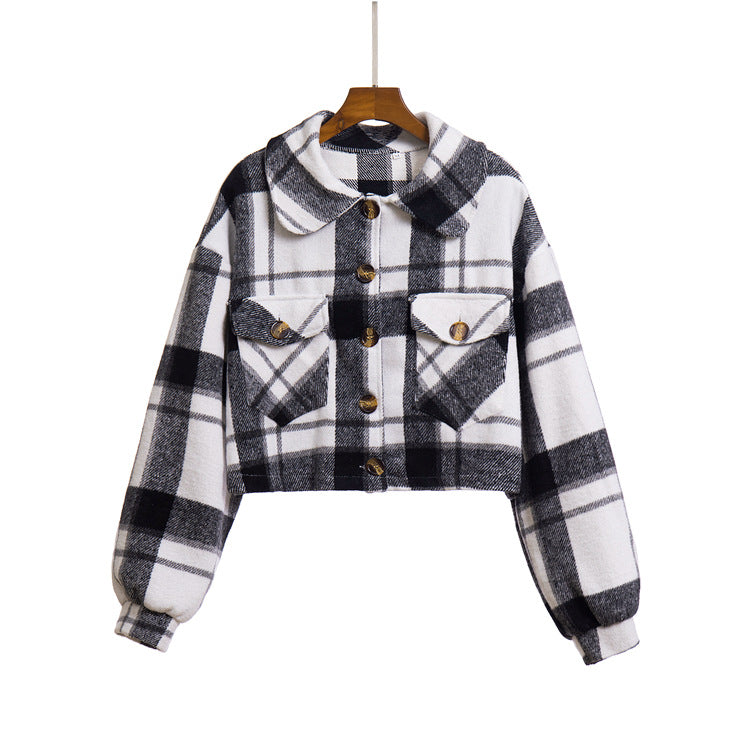 Damen modische Karojacke mit cropped Schnitt und praktischen Taschen R&B