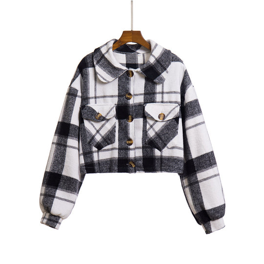 Damen modische Karojacke mit cropped Schnitt und praktischen Taschen R&B