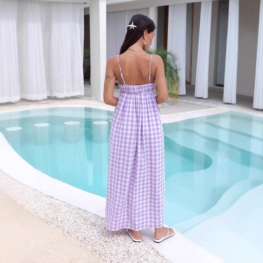 Damen Maxikleid mit Kariertem Muster und Elastischem Oberteil R&B