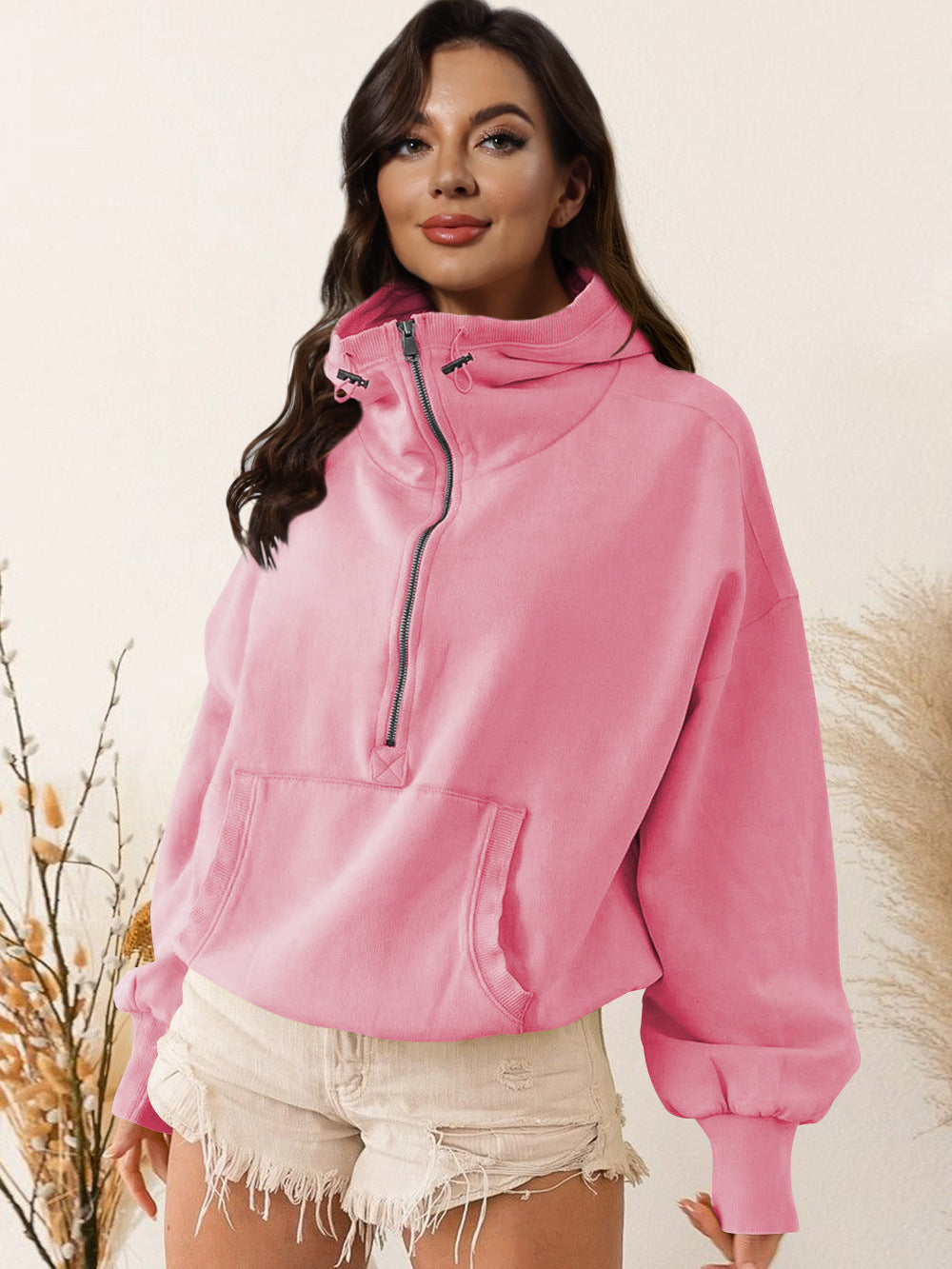 Damen lässiger Kapuzensweater mit halbem Reißverschluss R&B