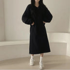 Damen elegantes Hoodie-Kleid mit lässigen Puffärmeln und seitlichem Schlitz