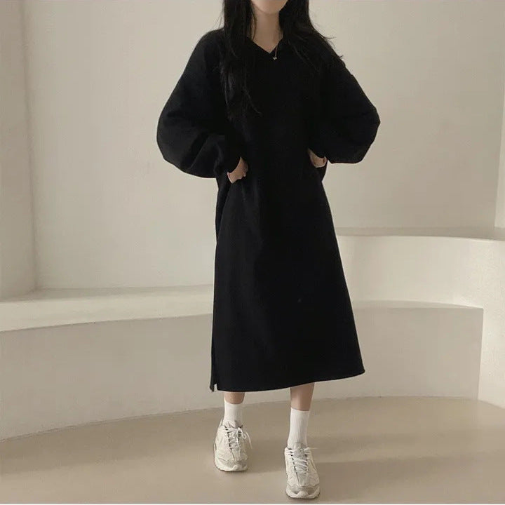 Damen elegantes Hoodie-Kleid mit lässigen Puffärmeln und seitlichem Schlitz