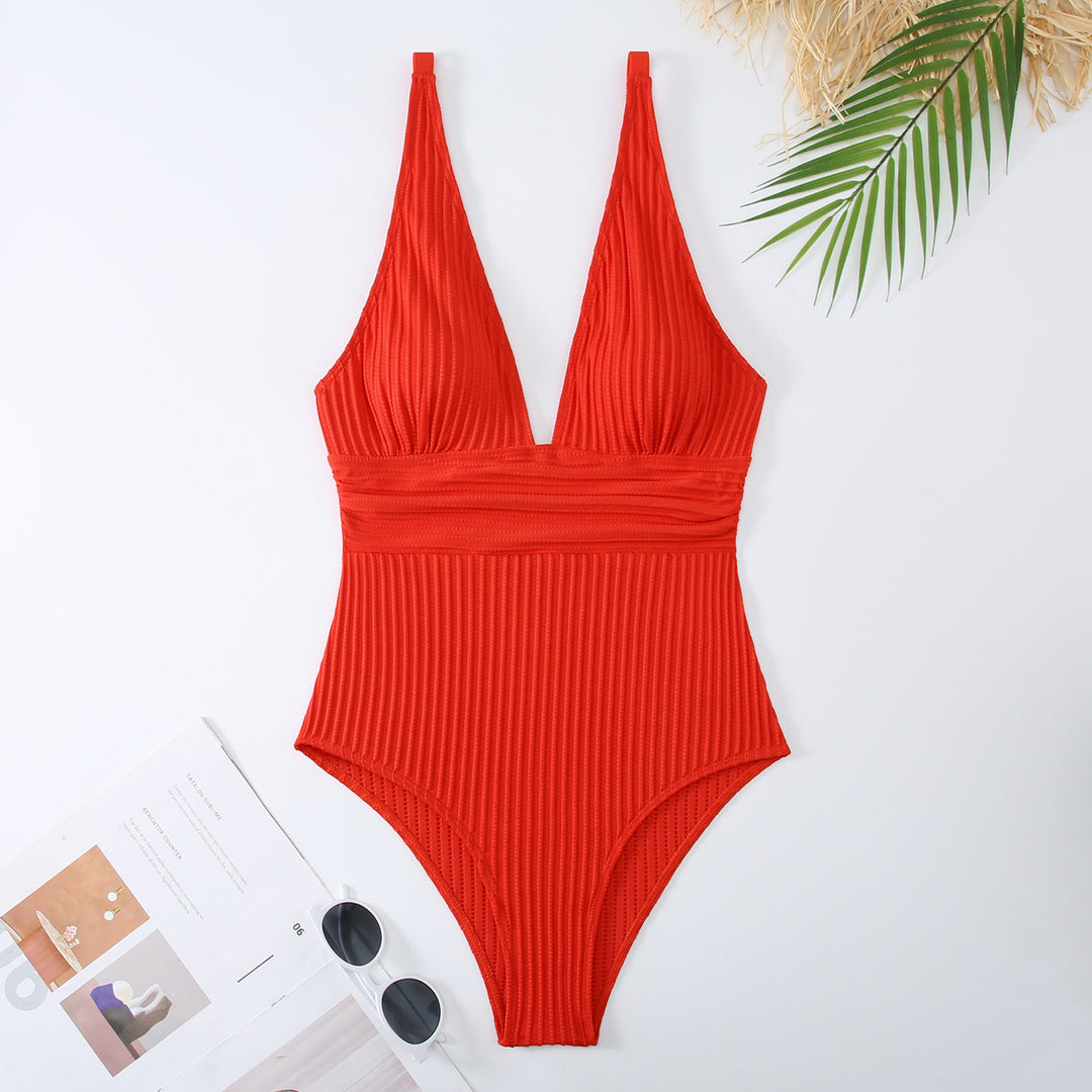 Damen Einteiliger Badeanzug mit figurbetontem Design und tiefem V-Ausschnitt R&B