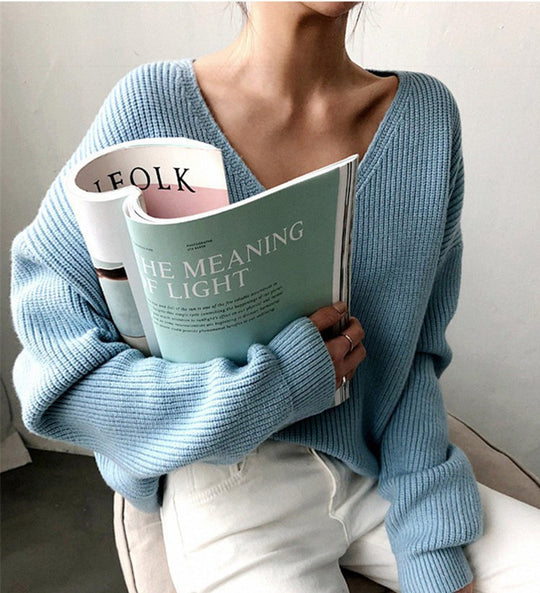 Damen Grob gestrickter V-Ausschnitt Pullover mit lässiger Passform und Volumenärmel R&B