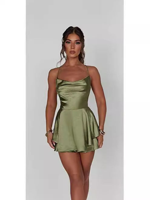 Damen Satin Minikleid mit schwingendem Rock und feinen Spaghettiträgern R&B