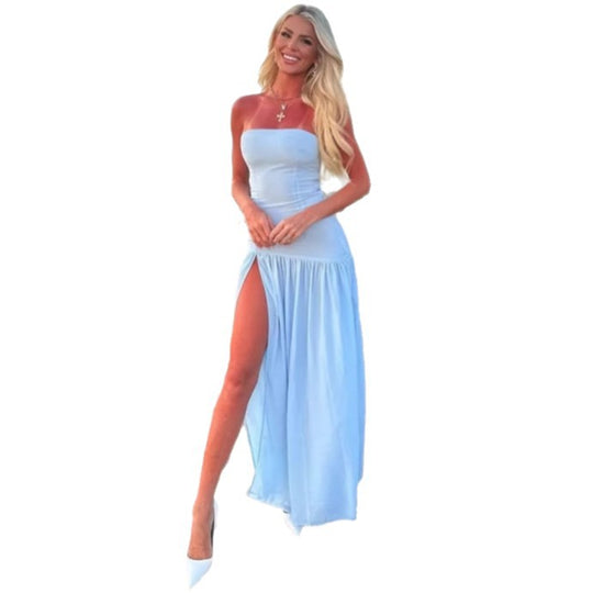 Damen Charmantes schulterfreies Maxikleid mit hohem Schlitz und fließendem Faltenrock R&B