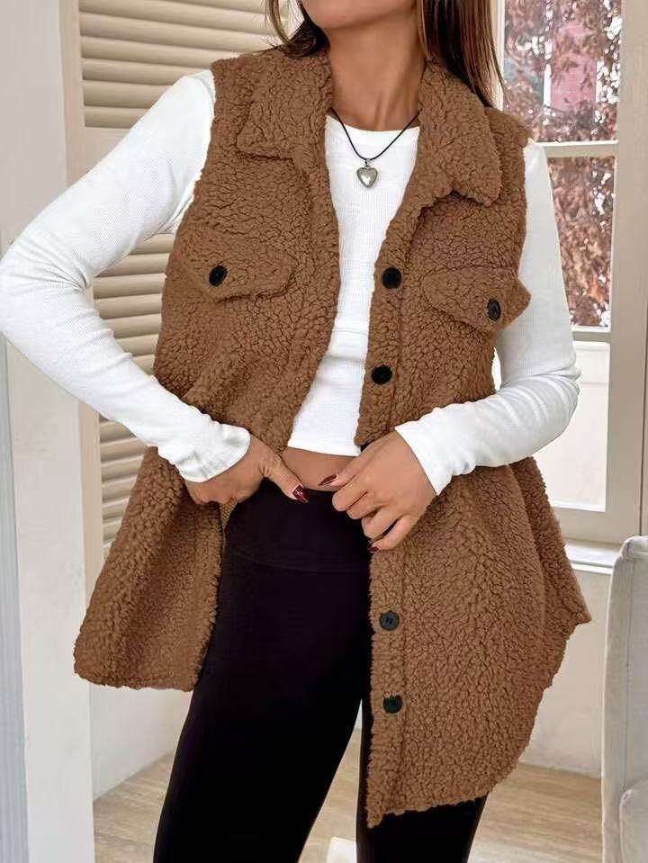 Damen Plüsch Weste mit Taschen R&B