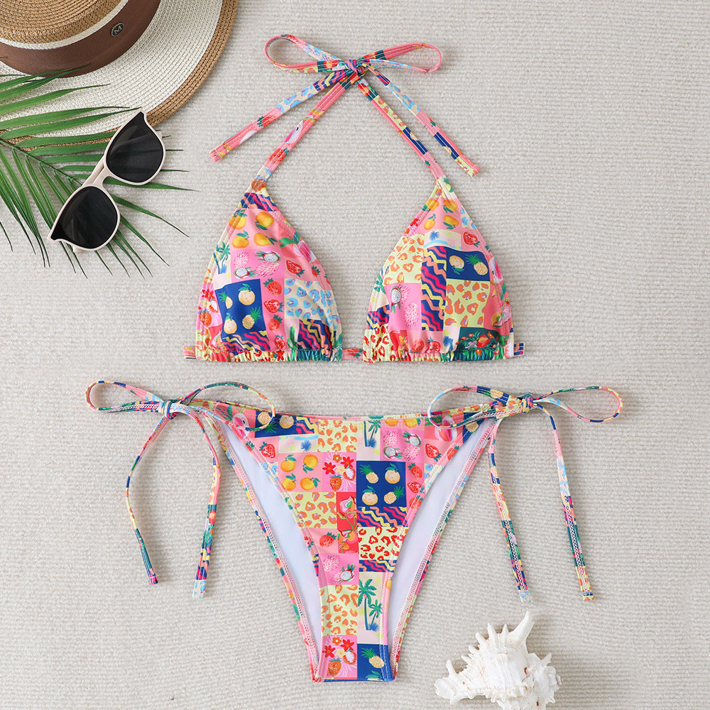 Damen Triangel-Bikini mit verstellbaren Bindebändern und floralen Details R&B