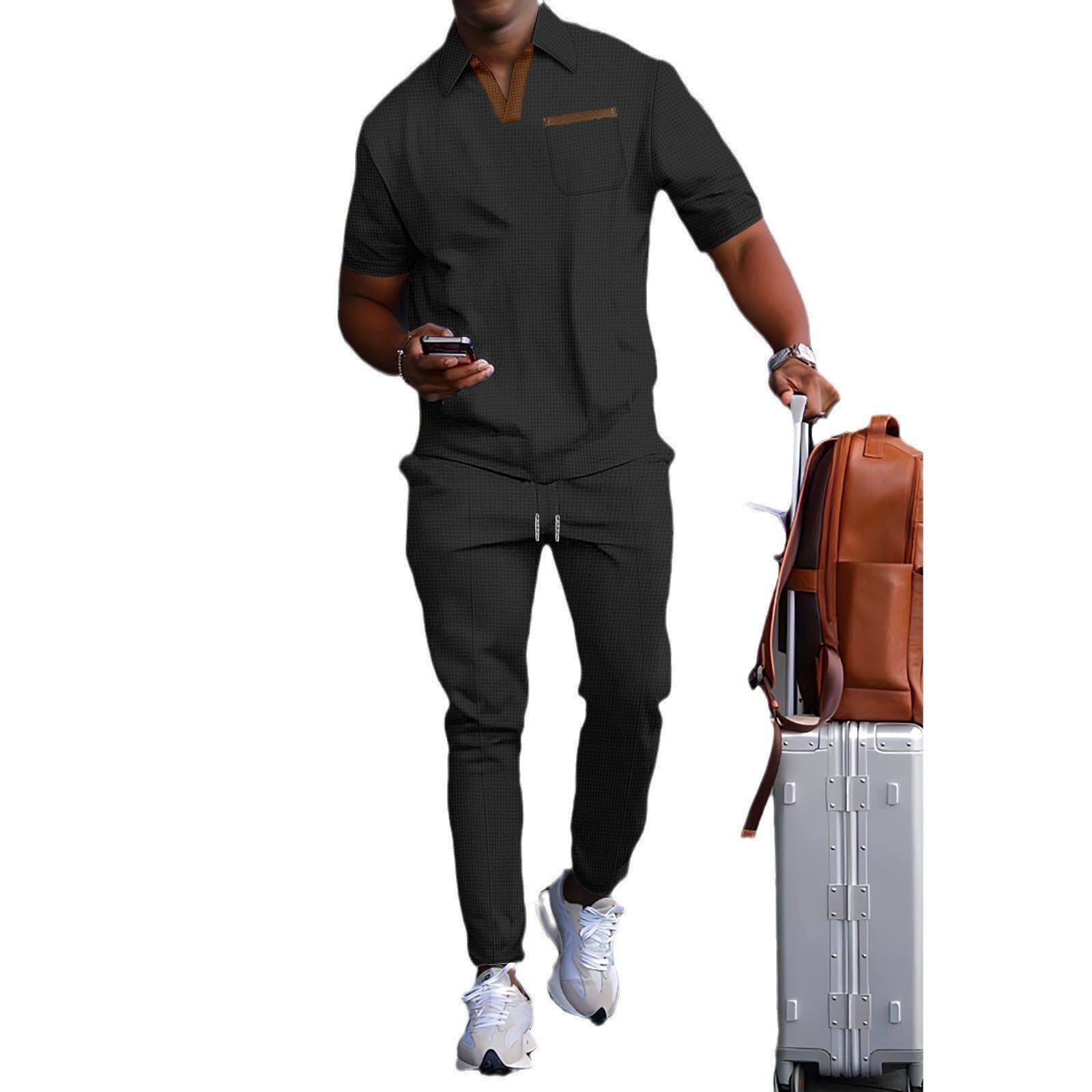 Herren nan lässiges Freizeitset aus elastischem Jersey mit V-Ausschnitt Brusttasche und Kordelbund R&B