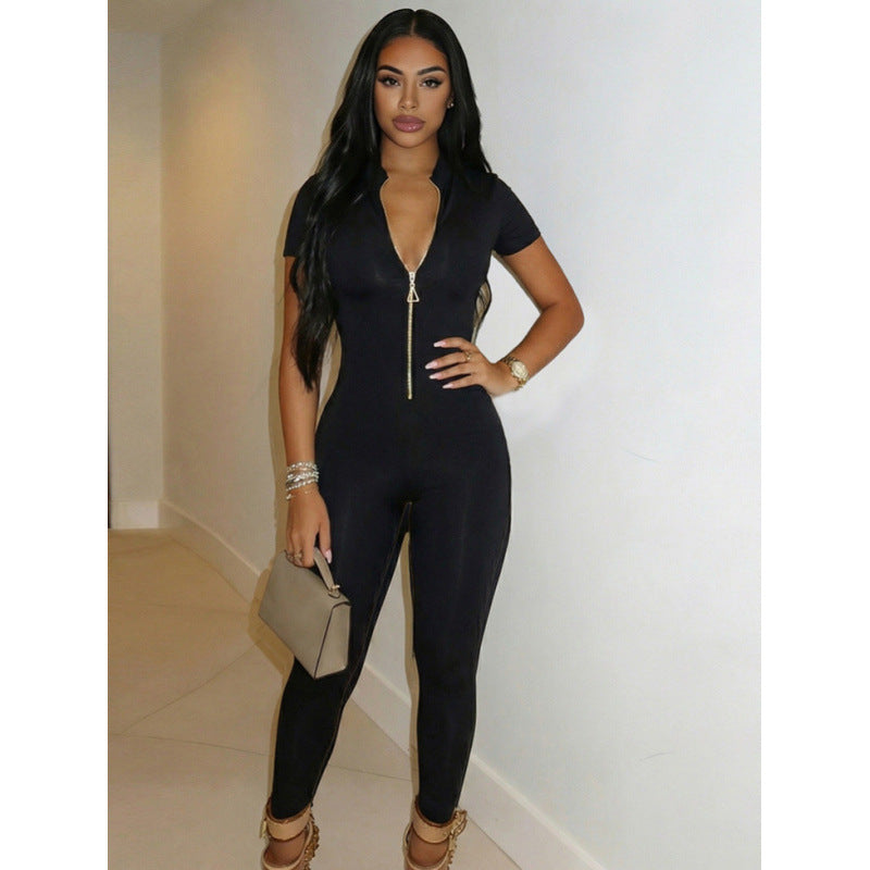 Damen Figurbetonter Jumpsuit mit hohem Ausschnitt und Reißverschluss R&B