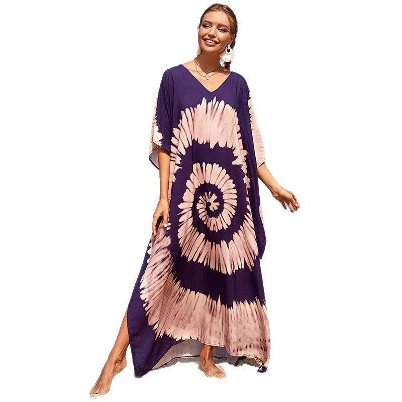 Damen Strandkleid mit buntem Batikdesign und weit geschnittenen Ärmeln R&B