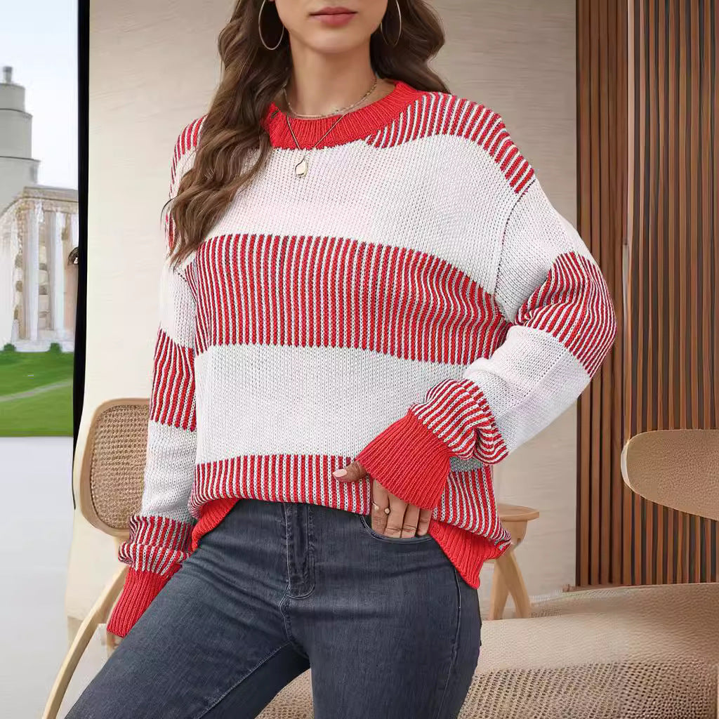 Damen gestreifter Strickpullover mit weitem Schnitt R&B