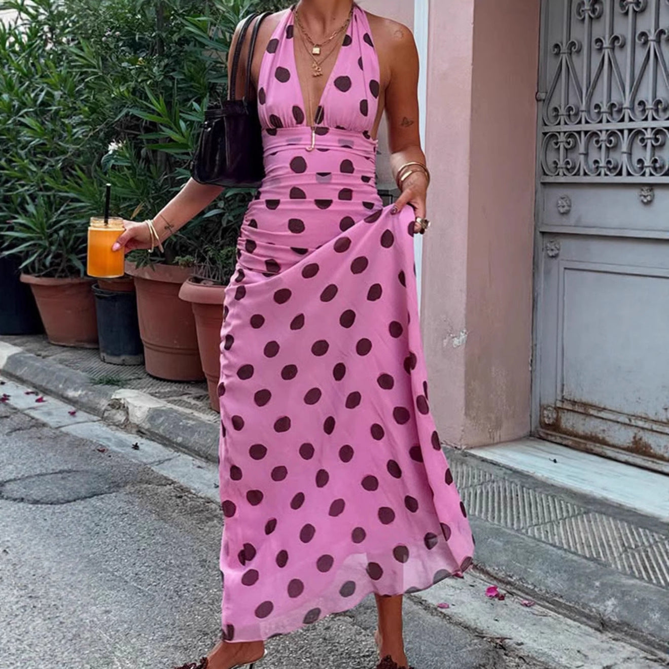 Damen Elegantes Maxikleid mit Punkten und tiefem V-Ausschnitt R&B