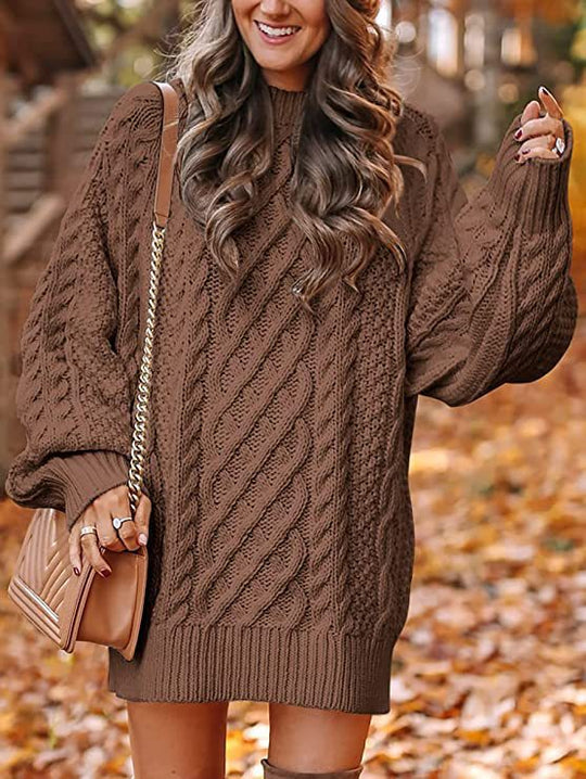 Damen Grober Strickpullover mit voluminösen Ärmeln und dekorativem Zopfmuster R&B