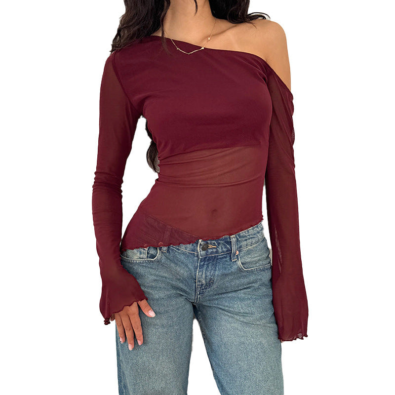 Damen asymmetrisches Langarmshirt mit transparenten Ärmeln und figurbetonter Silhouette R&B