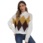 Damen modischer Strickpullover mit geometrischem Muster und hohem Kragen R&B