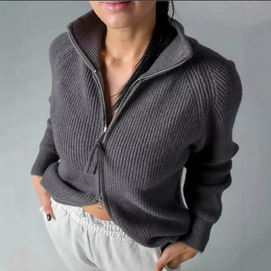 Damen Strickjacke mit hohem Kragen und durchgehendem Reißverschluss