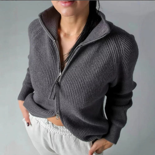 Damen Strickjacke mit hohem Kragen und durchgehendem Reißverschluss R&B