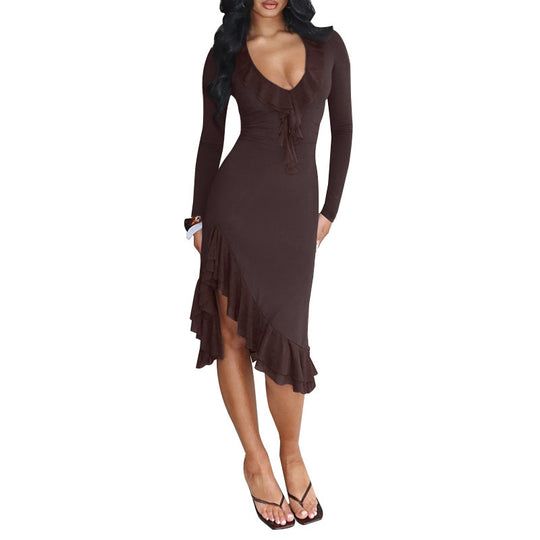 Damen charmantes Wickelkleid mit asymmetrischem Saum und Rüschendetails R&B