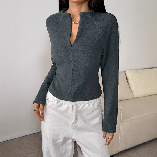 Damen sportlicher Fleece-Oberteil mit Stehkragen und Reißverschluss R&B