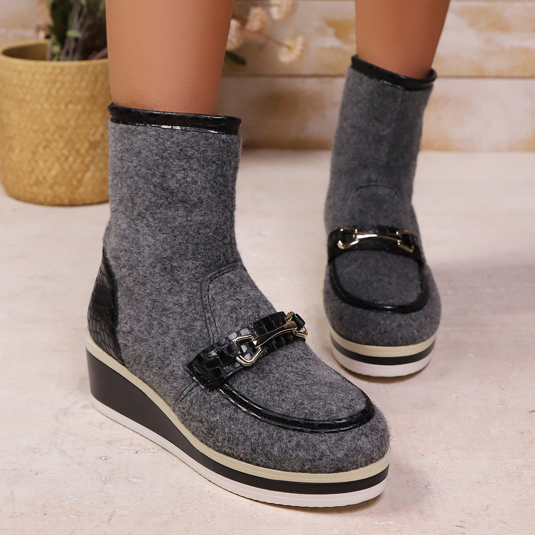 Damen Komfortable Wedge-Stiefeletten aus weichem Wollfilz mit modischem Krokodil-Detail R&B