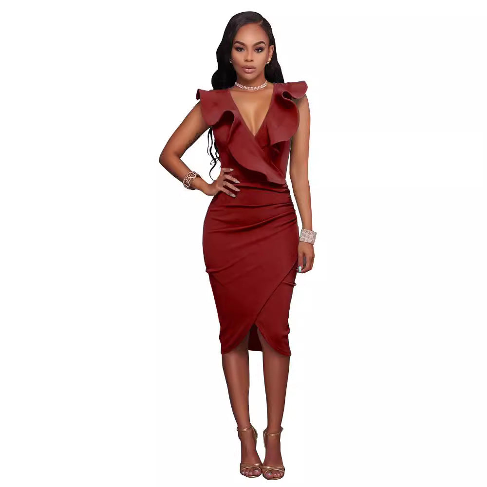 Damen elegantes Wickelkleid mit Rüschendetails R&B
