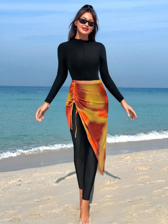 Damen Kombinierter Langarm-Schwimmanzug mit asymmetrischem Rock R&B