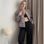 Damen nan gefütterte Bouclé-Kurzjacke mit Paillettenbesatz, Rundhalsausschnitt und offener Front R&B