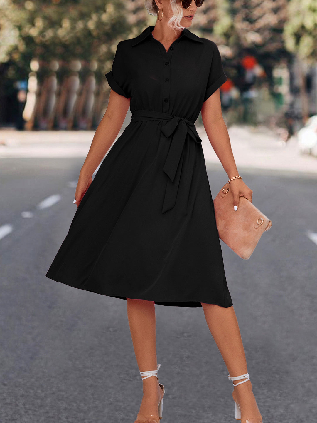 Damen Knielanges Hemdkleid mit Taillengürtel und elegantem V-Ausschnitt R&B