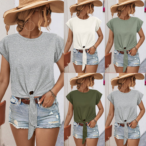 Damen lässiges Knotenshirt mit kurzarm und eleganter Knopfdetail R&B
